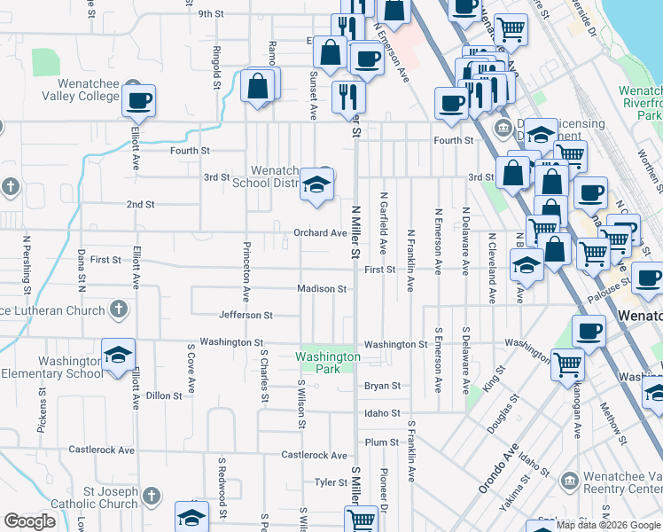 map of restaurants, bars, coffee shops, grocery stores, and more near 116 North Miller Street in Wenatchee