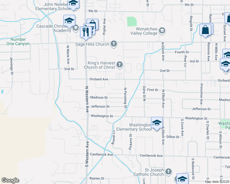 map of restaurants, bars, coffee shops, grocery stores, and more near 1616 First Street in Wenatchee