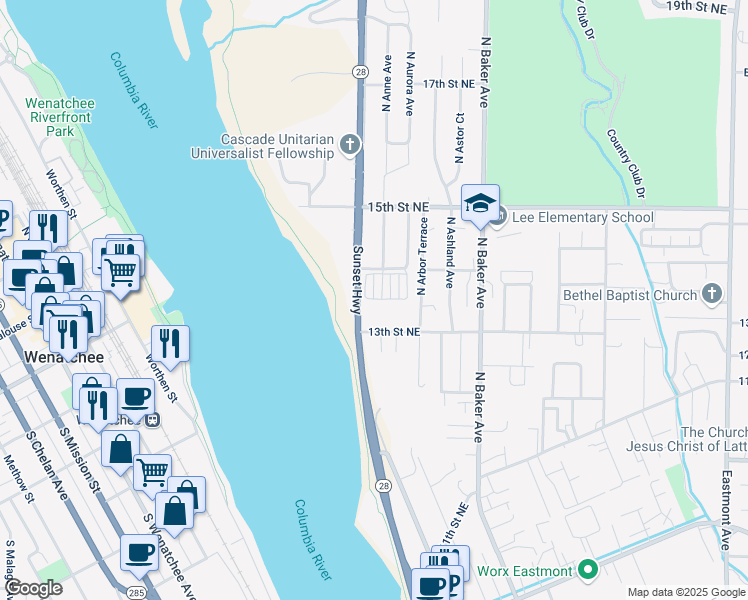 map of restaurants, bars, coffee shops, grocery stores, and more near 50 14th Street Northeast in East Wenatchee