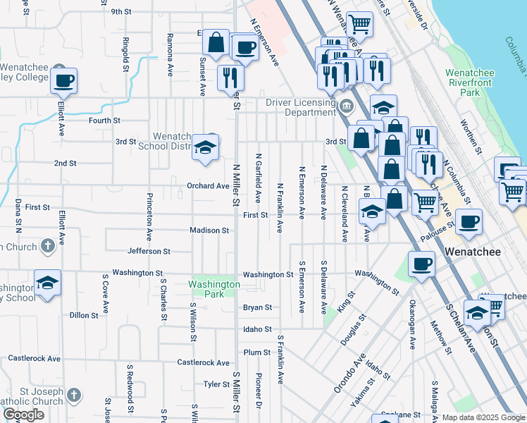 map of restaurants, bars, coffee shops, grocery stores, and more near 101 North Garfield Avenue in Wenatchee