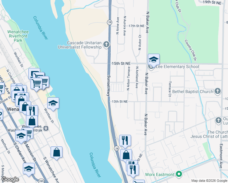 map of restaurants, bars, coffee shops, grocery stores, and more near 50 14th Street Northeast in East Wenatchee