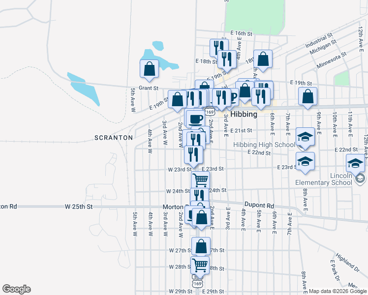 map of restaurants, bars, coffee shops, grocery stores, and more near 2140 2nd Avenue West in Hibbing