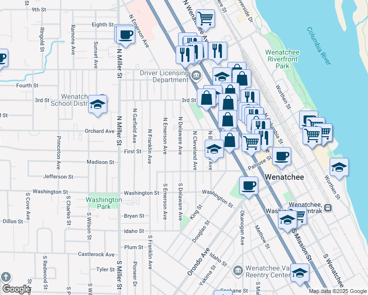 map of restaurants, bars, coffee shops, grocery stores, and more near 110 North Delaware Avenue in Wenatchee