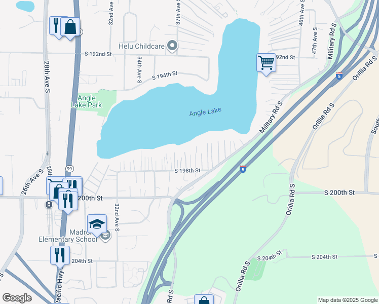 map of restaurants, bars, coffee shops, grocery stores, and more near 3722 South 198th Street in SeaTac