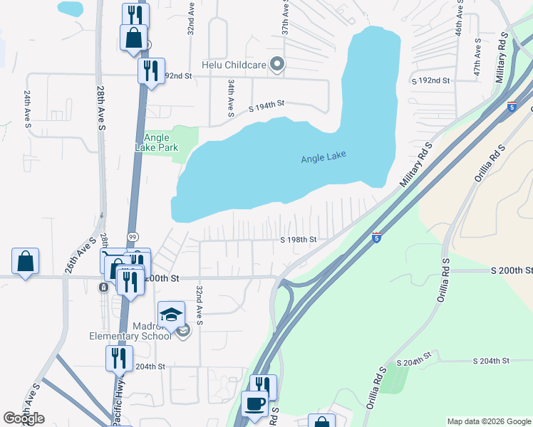 map of restaurants, bars, coffee shops, grocery stores, and more near 3520 South 198th Street in SeaTac