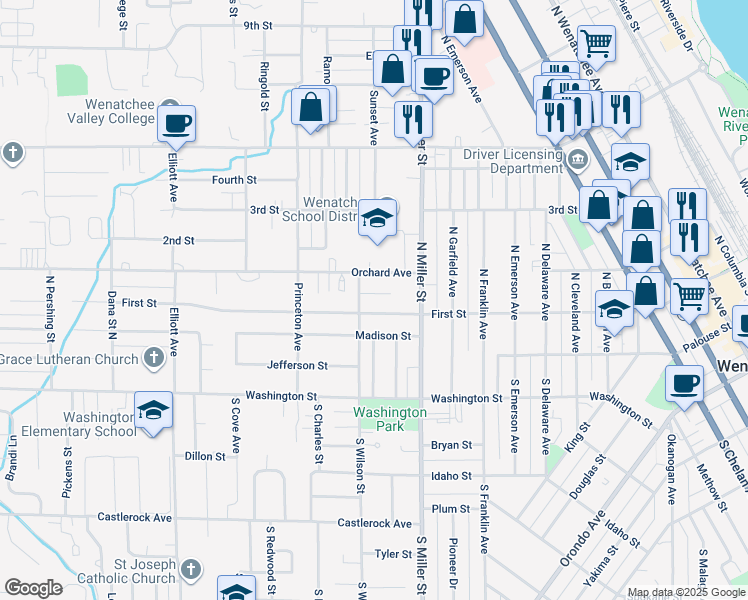 map of restaurants, bars, coffee shops, grocery stores, and more near 1027 Crestwood Street in Wenatchee