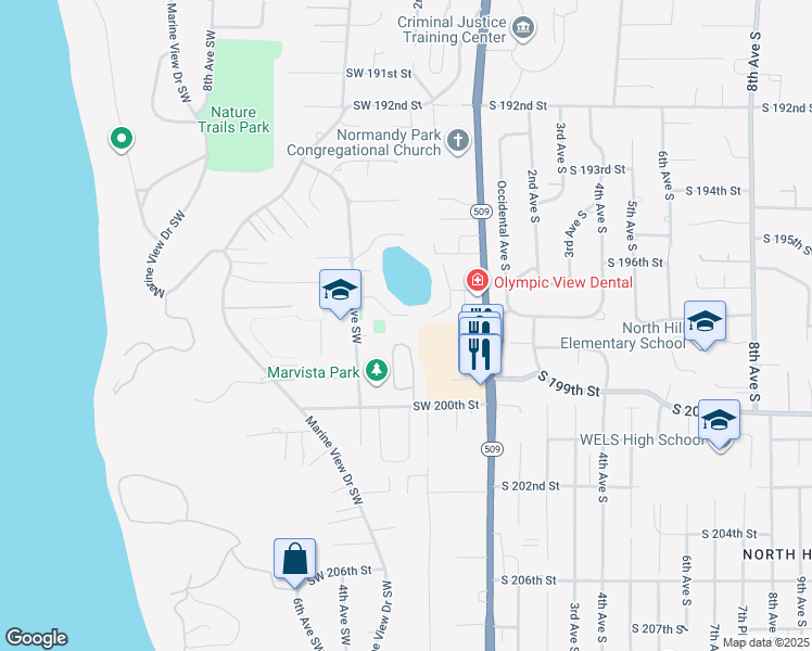 map of restaurants, bars, coffee shops, grocery stores, and more near 225 Southwest 197th Place in Normandy Park