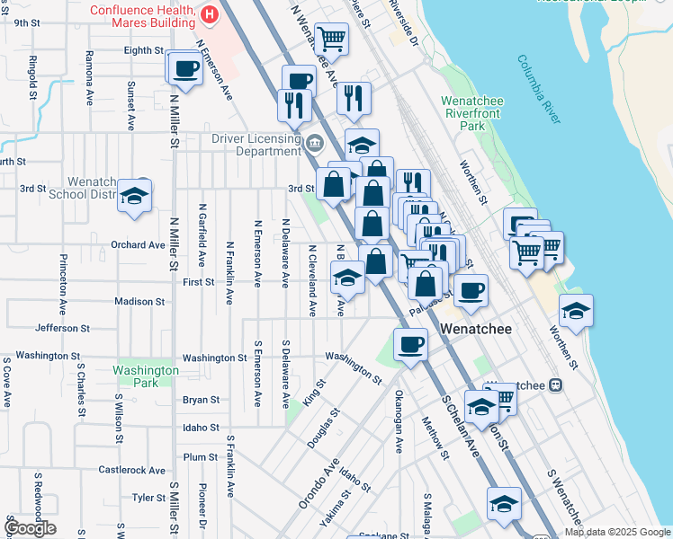 map of restaurants, bars, coffee shops, grocery stores, and more near 111 North Buchanan Avenue in Wenatchee