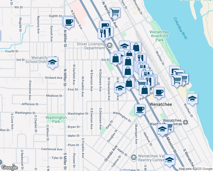 map of restaurants, bars, coffee shops, grocery stores, and more near 113 North Cleveland Avenue in Wenatchee