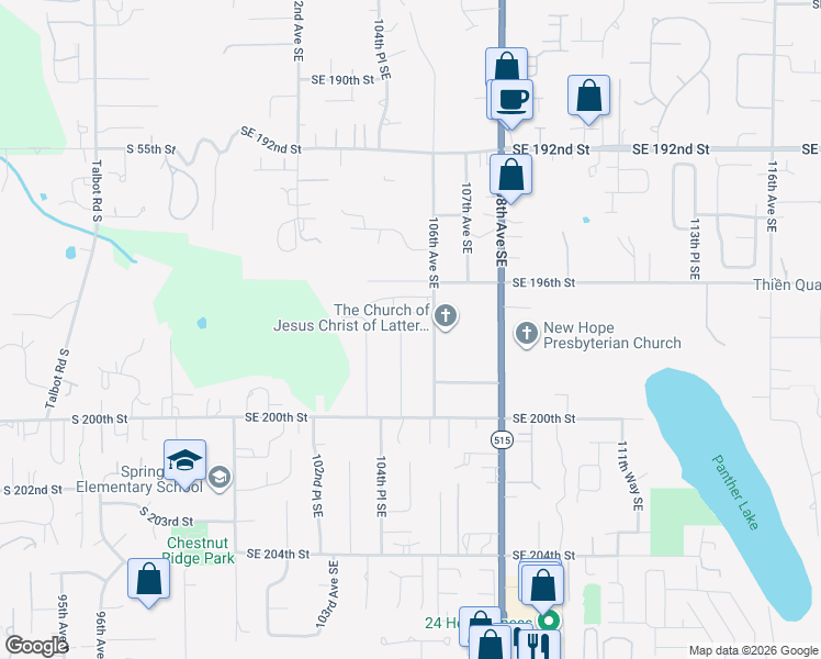 map of restaurants, bars, coffee shops, grocery stores, and more near 19632 105th Avenue Southeast in Renton