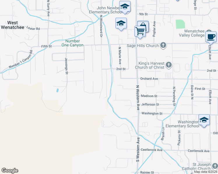 map of restaurants, bars, coffee shops, grocery stores, and more near 110 North Western Avenue in Wenatchee