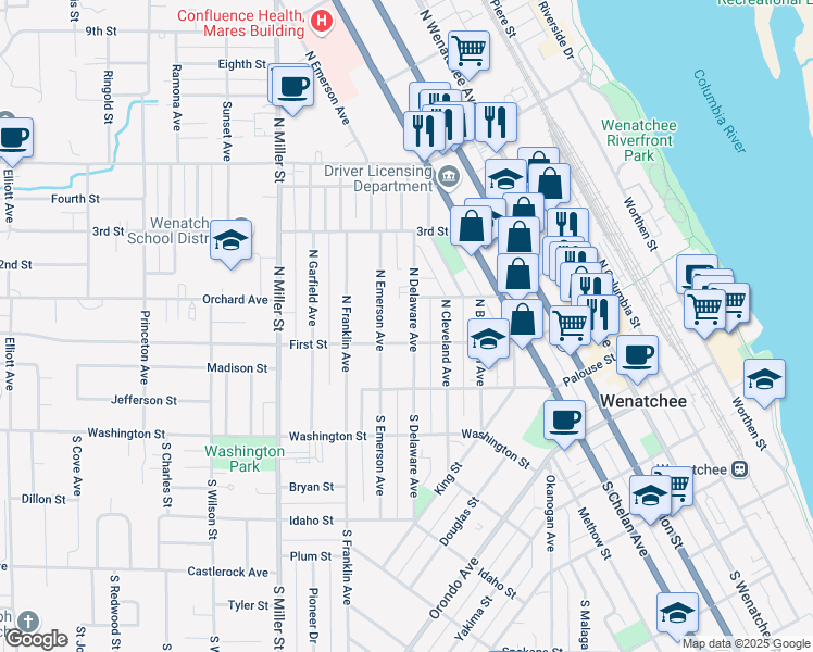 map of restaurants, bars, coffee shops, grocery stores, and more near 110 North Delaware Avenue in Wenatchee