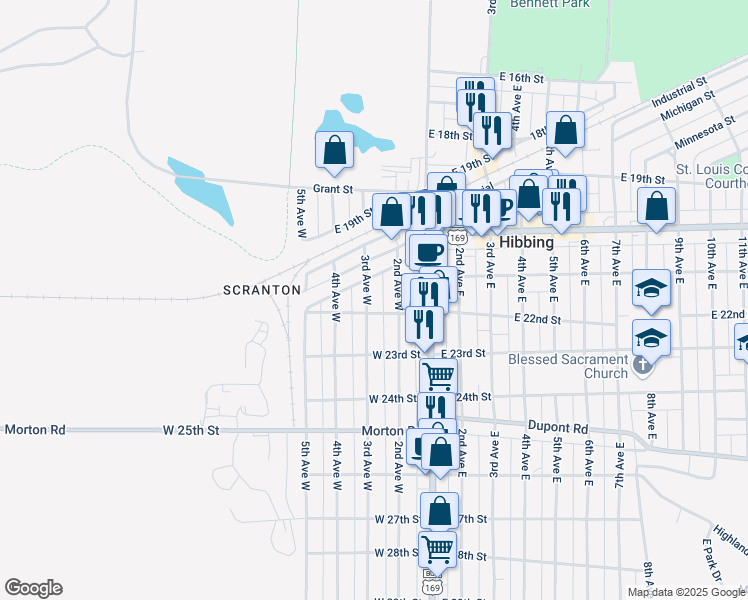 map of restaurants, bars, coffee shops, grocery stores, and more near 2140 3rd Avenue West in Hibbing