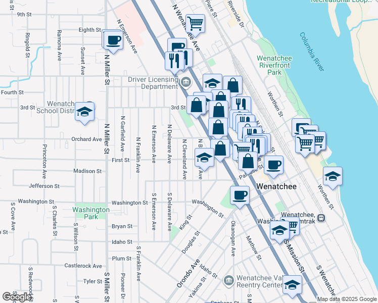 map of restaurants, bars, coffee shops, grocery stores, and more near 113 North Cleveland Avenue in Wenatchee