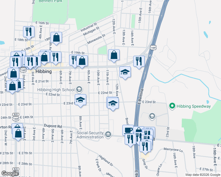 map of restaurants, bars, coffee shops, grocery stores, and more near 2124 11th Ave E in Hibbing