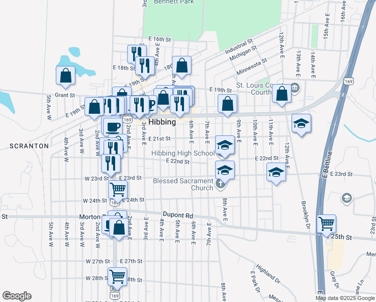 map of restaurants, bars, coffee shops, grocery stores, and more near 2117 6th Avenue East in Hibbing