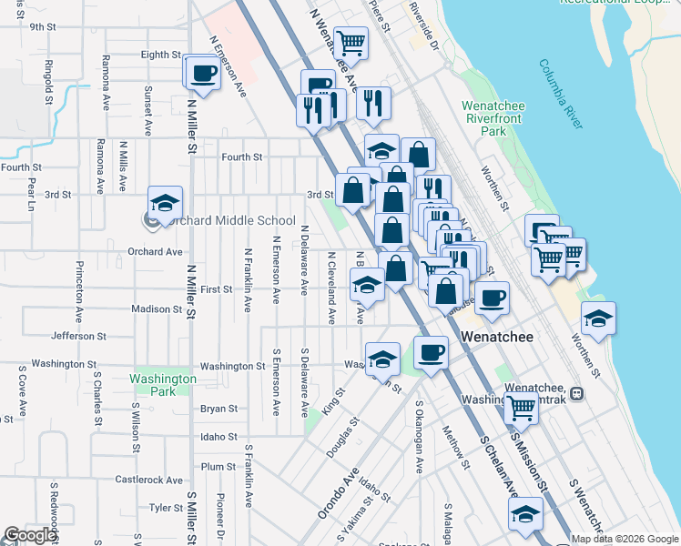 map of restaurants, bars, coffee shops, grocery stores, and more near 113 North Cleveland Avenue in Wenatchee