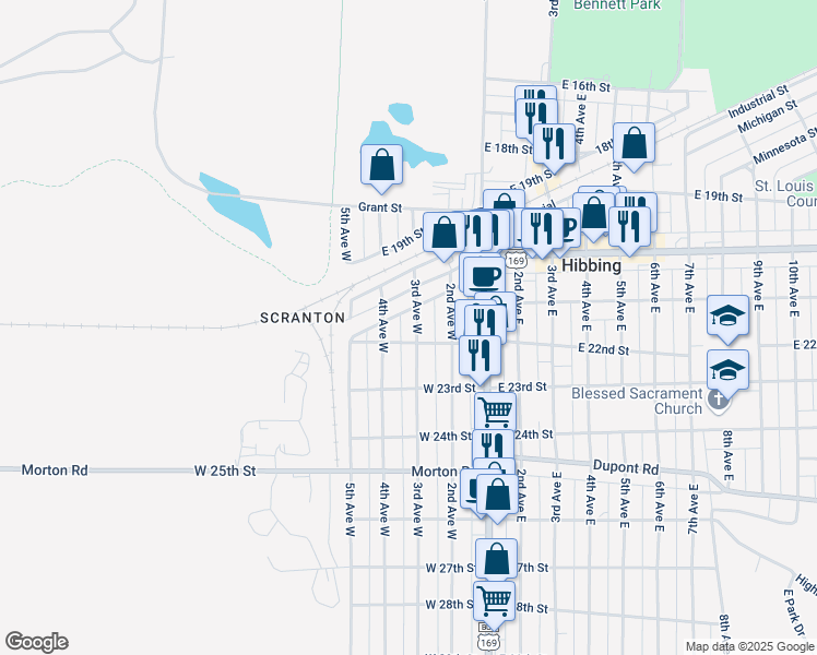 map of restaurants, bars, coffee shops, grocery stores, and more near 2140 3rd Avenue West in Hibbing