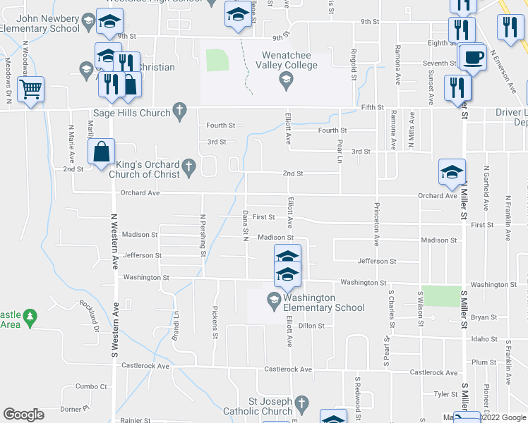 map of restaurants, bars, coffee shops, grocery stores, and more near 1412 First Street in Wenatchee