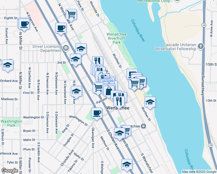map of restaurants, bars, coffee shops, grocery stores, and more near 21 N Wenatchee Ave in Wenatchee
