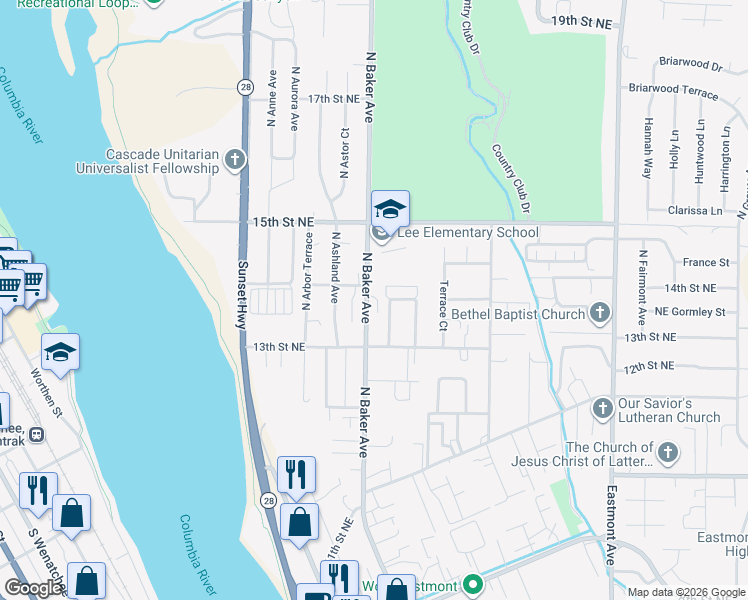 map of restaurants, bars, coffee shops, grocery stores, and more near 1339 North Baker Avenue in East Wenatchee