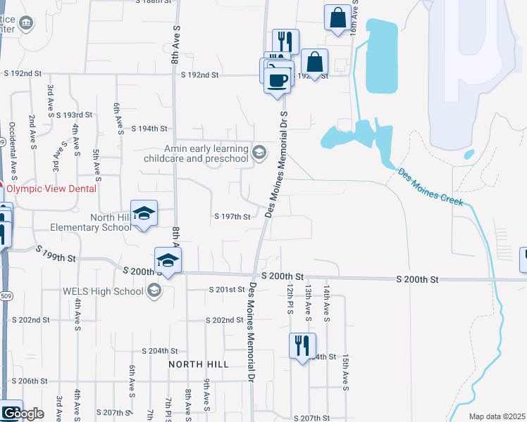 map of restaurants, bars, coffee shops, grocery stores, and more near 19616 Des Moines Memorial Drive in SeaTac