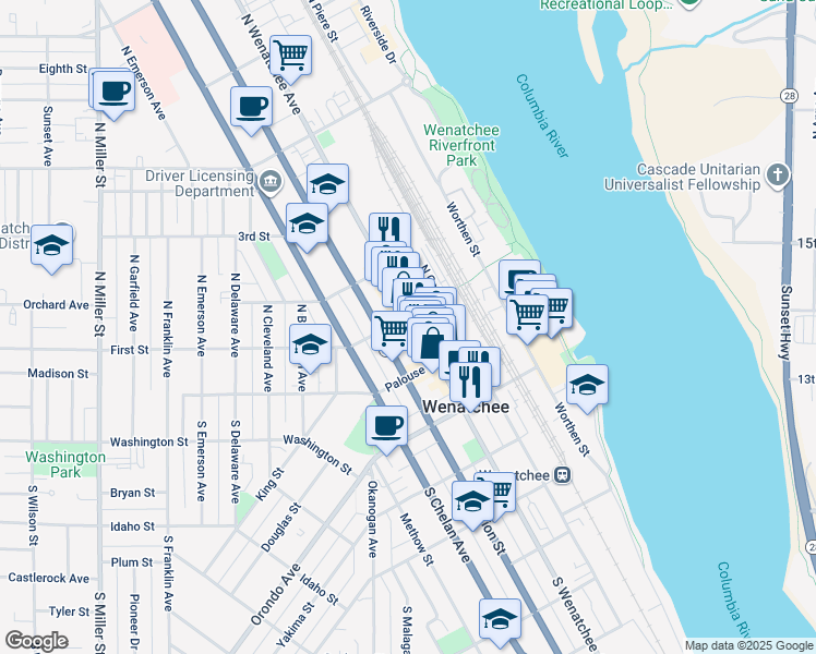 map of restaurants, bars, coffee shops, grocery stores, and more near 21 North Wenatchee Avenue in Wenatchee