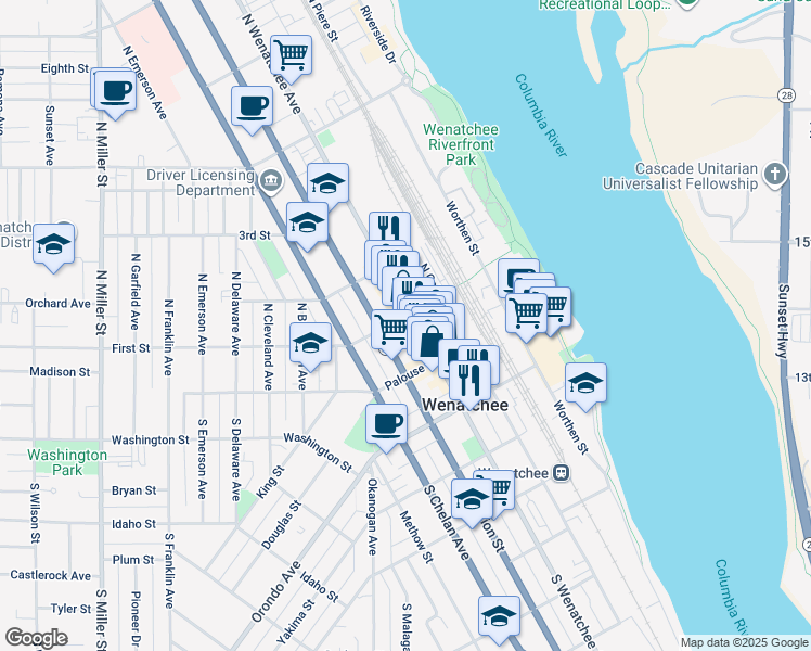 map of restaurants, bars, coffee shops, grocery stores, and more near 21 North Wenatchee Avenue in Wenatchee