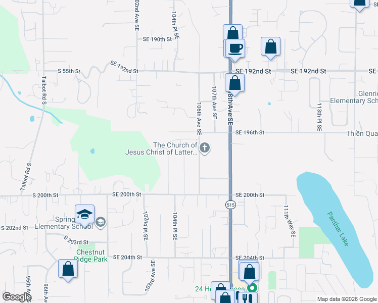 map of restaurants, bars, coffee shops, grocery stores, and more near 19632 105th Avenue Southeast in Renton