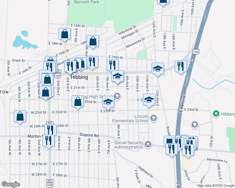 map of restaurants, bars, coffee shops, grocery stores, and more near 800 East 21st Street in Hibbing