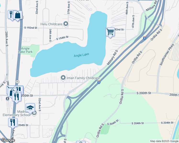 map of restaurants, bars, coffee shops, grocery stores, and more near 19709 Military Road South in SeaTac