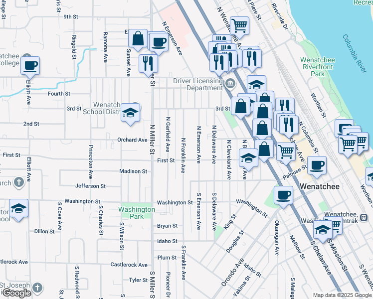map of restaurants, bars, coffee shops, grocery stores, and more near 115 North Franklin Avenue in Wenatchee