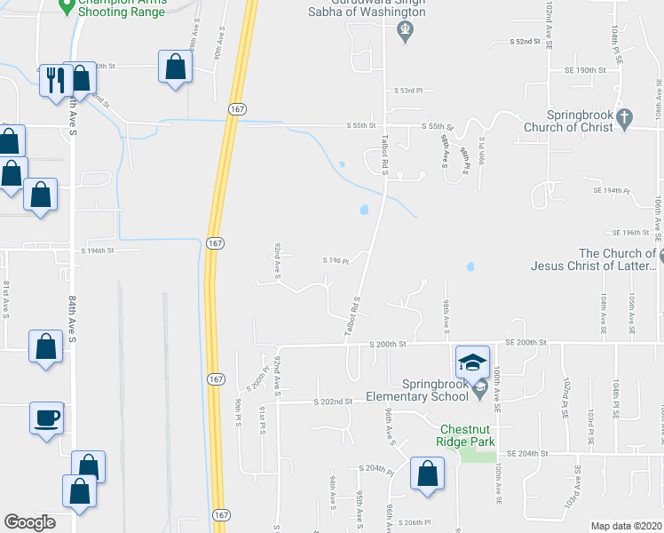 map of restaurants, bars, coffee shops, grocery stores, and more near 9437 South 196 Place in Renton