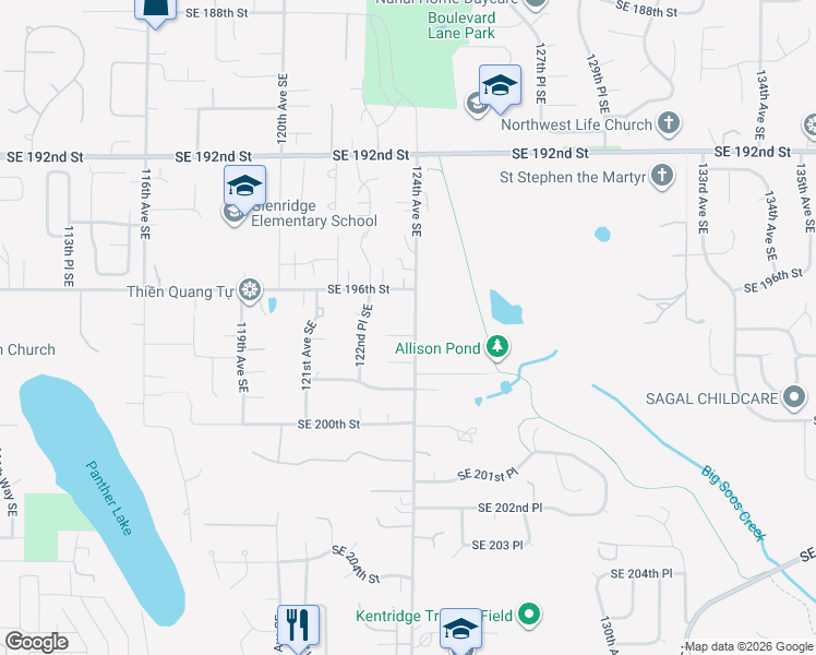 map of restaurants, bars, coffee shops, grocery stores, and more near 12320 Southeast 197th Place in Kent