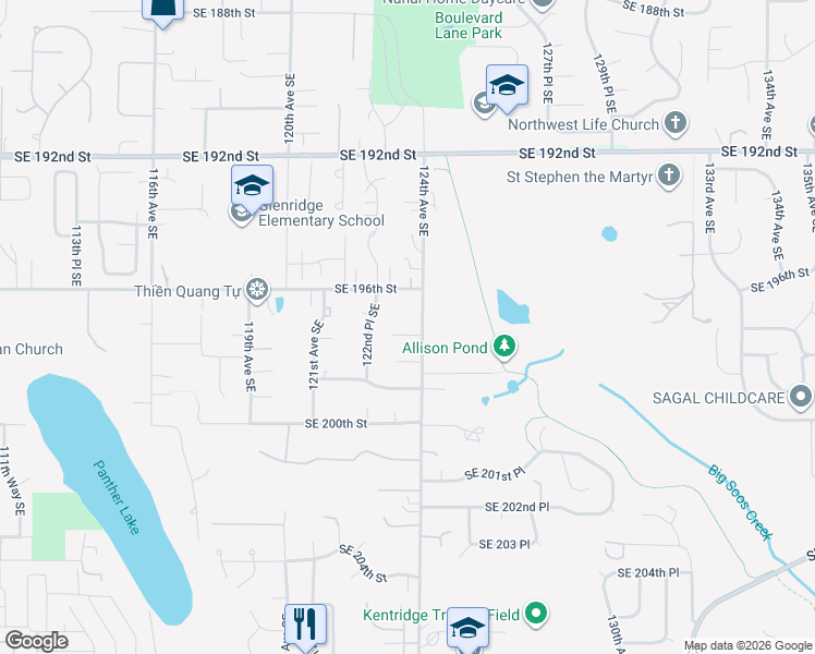 map of restaurants, bars, coffee shops, grocery stores, and more near 12320 Southeast 197th Place in Kent