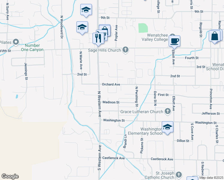 map of restaurants, bars, coffee shops, grocery stores, and more near 1701 Orchard Avenue in Wenatchee
