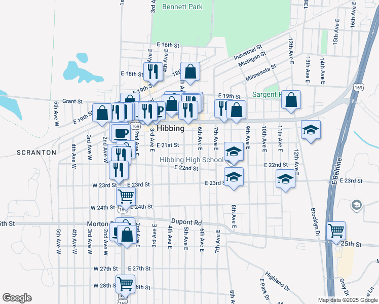 map of restaurants, bars, coffee shops, grocery stores, and more near 2117 6th Avenue East in Hibbing