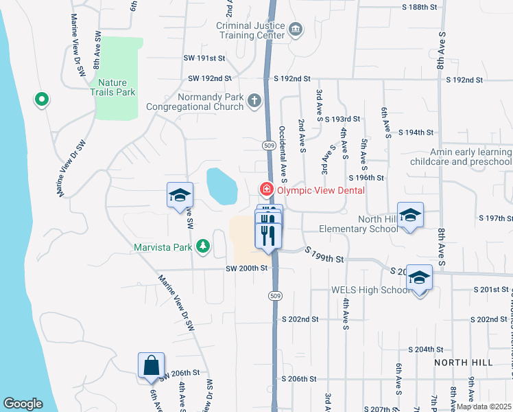 map of restaurants, bars, coffee shops, grocery stores, and more near 107 Southwest 197th Street in Normandy Park