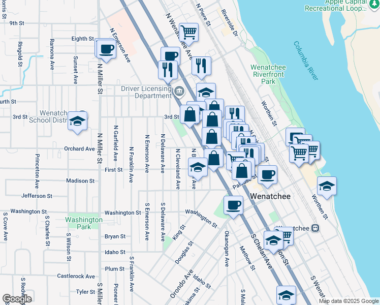map of restaurants, bars, coffee shops, grocery stores, and more near 124 North Buchanan Avenue in Wenatchee