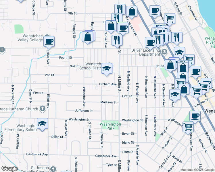 map of restaurants, bars, coffee shops, grocery stores, and more near 1027 Crestwood Street in Wenatchee