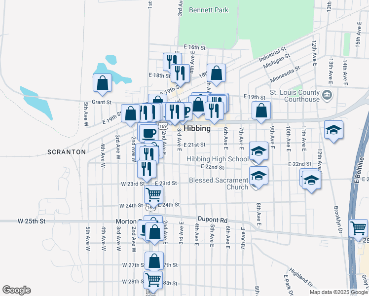 map of restaurants, bars, coffee shops, grocery stores, and more near in Hibbing