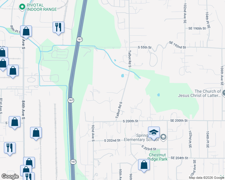 map of restaurants, bars, coffee shops, grocery stores, and more near 9437 South 196 Place in Renton