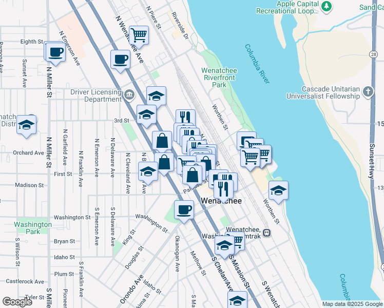 map of restaurants, bars, coffee shops, grocery stores, and more near 33 Washington 285 in Wenatchee