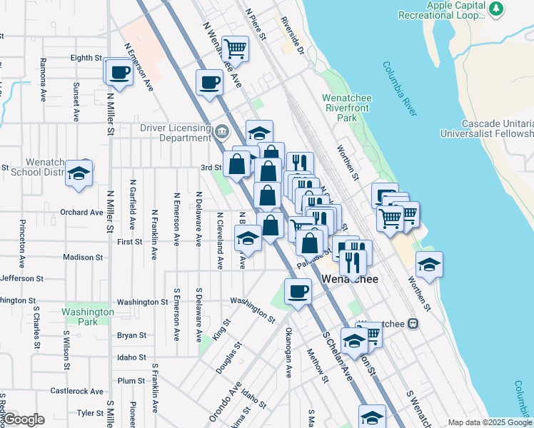 map of restaurants, bars, coffee shops, grocery stores, and more near 111 North Chelan Avenue in Wenatchee