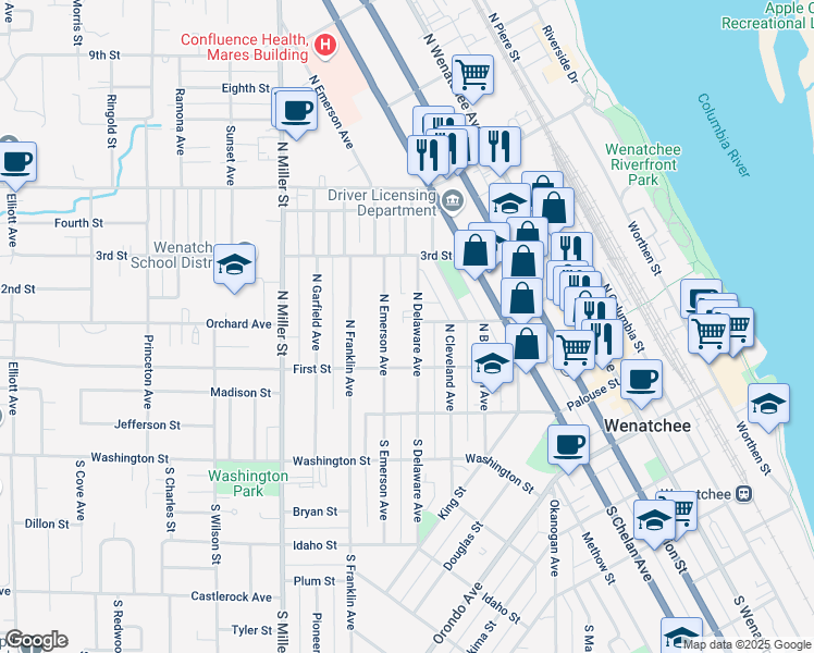 map of restaurants, bars, coffee shops, grocery stores, and more near 110 North Delaware Avenue in Wenatchee