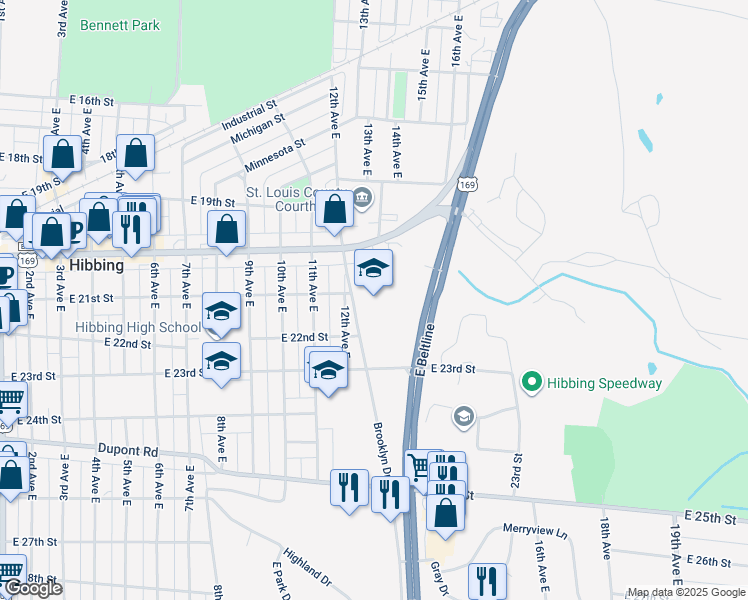 map of restaurants, bars, coffee shops, grocery stores, and more near 2100 12th Avenue East in Hibbing