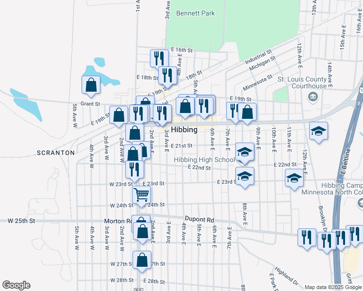 map of restaurants, bars, coffee shops, grocery stores, and more near in Hibbing