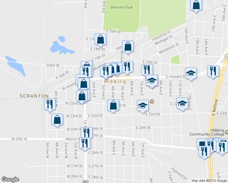 map of restaurants, bars, coffee shops, grocery stores, and more near 4th Ave E & E 21st St in Hibbing