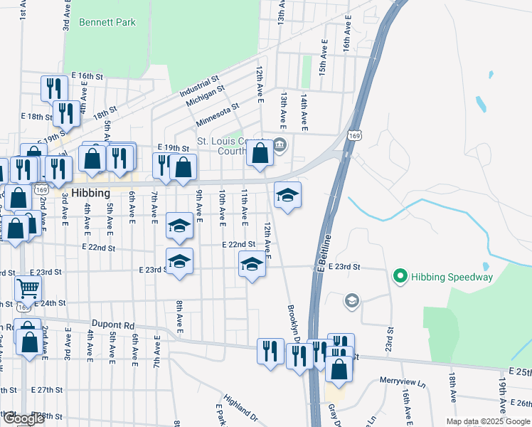 map of restaurants, bars, coffee shops, grocery stores, and more near 2100 12th Avenue East in Hibbing
