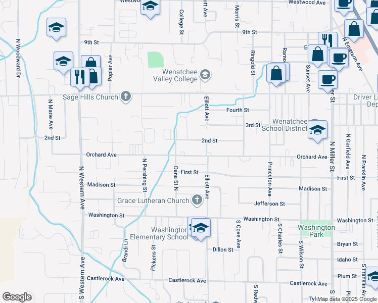 map of restaurants, bars, coffee shops, grocery stores, and more near 1427 2nd Street in Wenatchee